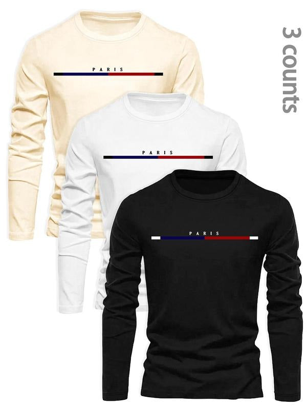 Men'WB shield Letter Print Round Neck Long Sleeve Tee, Regular Fit Casual Crew Neck T-shirt for Spring & Fall, Fashion...