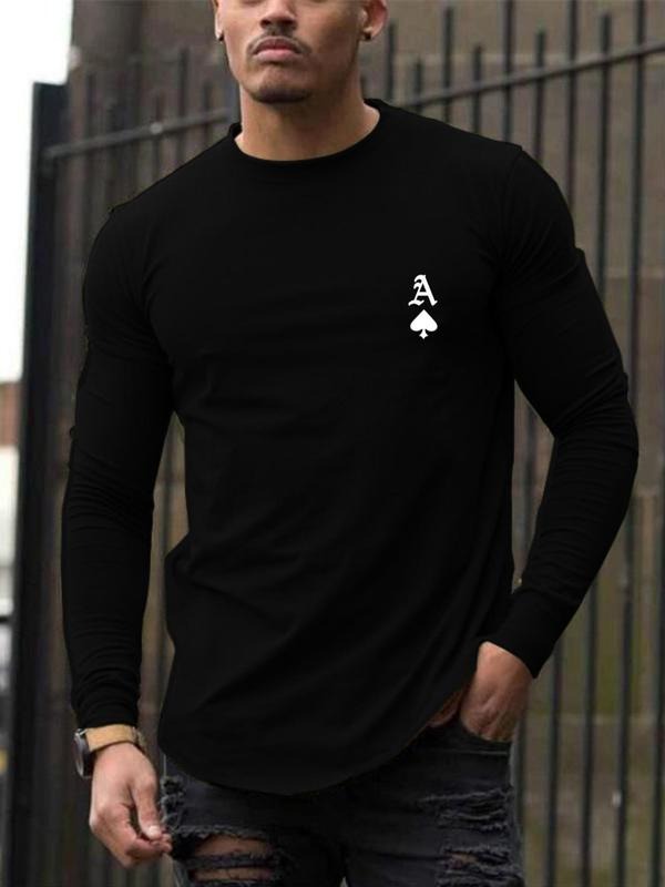 Men'WB shield Letter Print Round Neck Long Sleeves Black Tee, Menswear, Regular Fit Casual Long Sleeve Crew Neck T-Shirt...