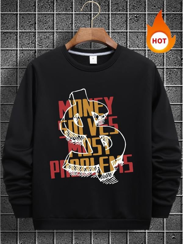 Men'WB shield Letter Print Round Neck Sweatshirt, Regular Fit Casual Long Sleeve Crew Neck Pullover for Fall & Winter,...