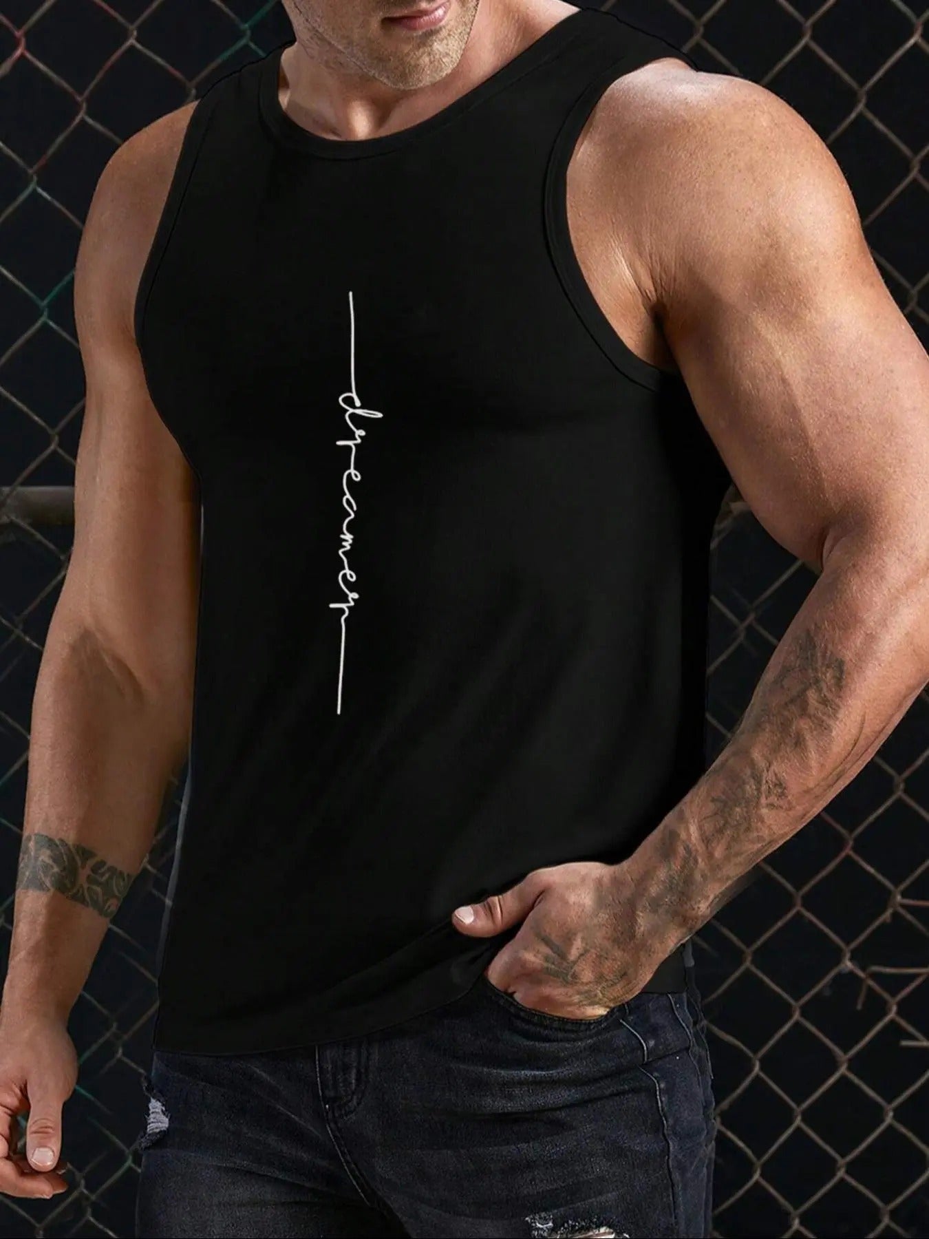 Men'WB shield Letter Print Round Neck Tank Top, Regular Fit Casual Sleeveless Crew Neck Top for Summer, Fashion Men'WB...