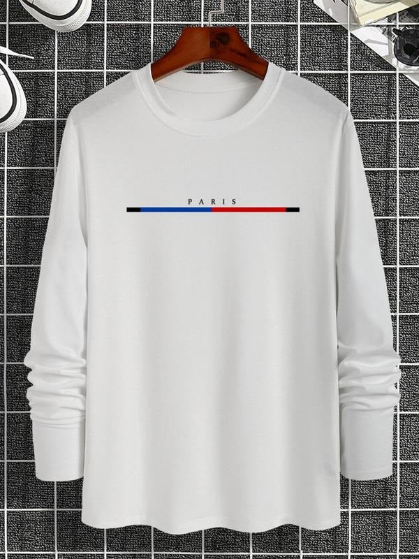 Men'WB shield Letter Print Round Neck Tee, Regular Fit Casual Long Sleeve Crew Neck T-Shirt for Spiky hair fighters...