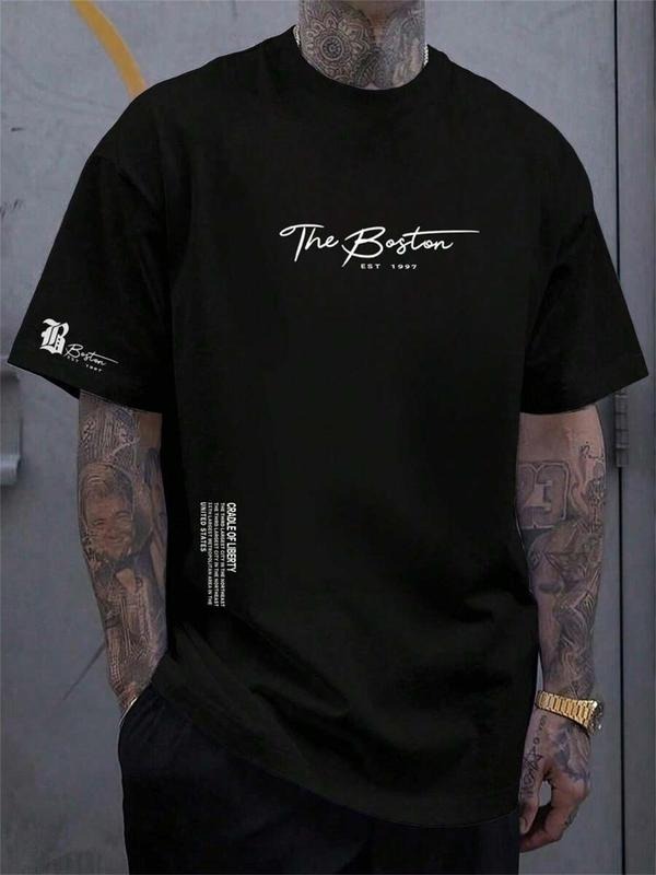 Men'WB shield Letter Print Round Neck Tee, Regular Fit Casual Short Sleeve Crew Neck T-Shirt for Daily Wear, Men'WB...