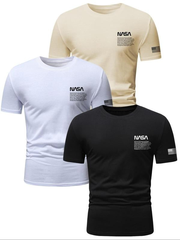 Men'WB shield Letter Print Round Neck Tee, Regular Fit Casual Short Sleeve Crew Neck T-shirt for Daily Wear, Men'WB...