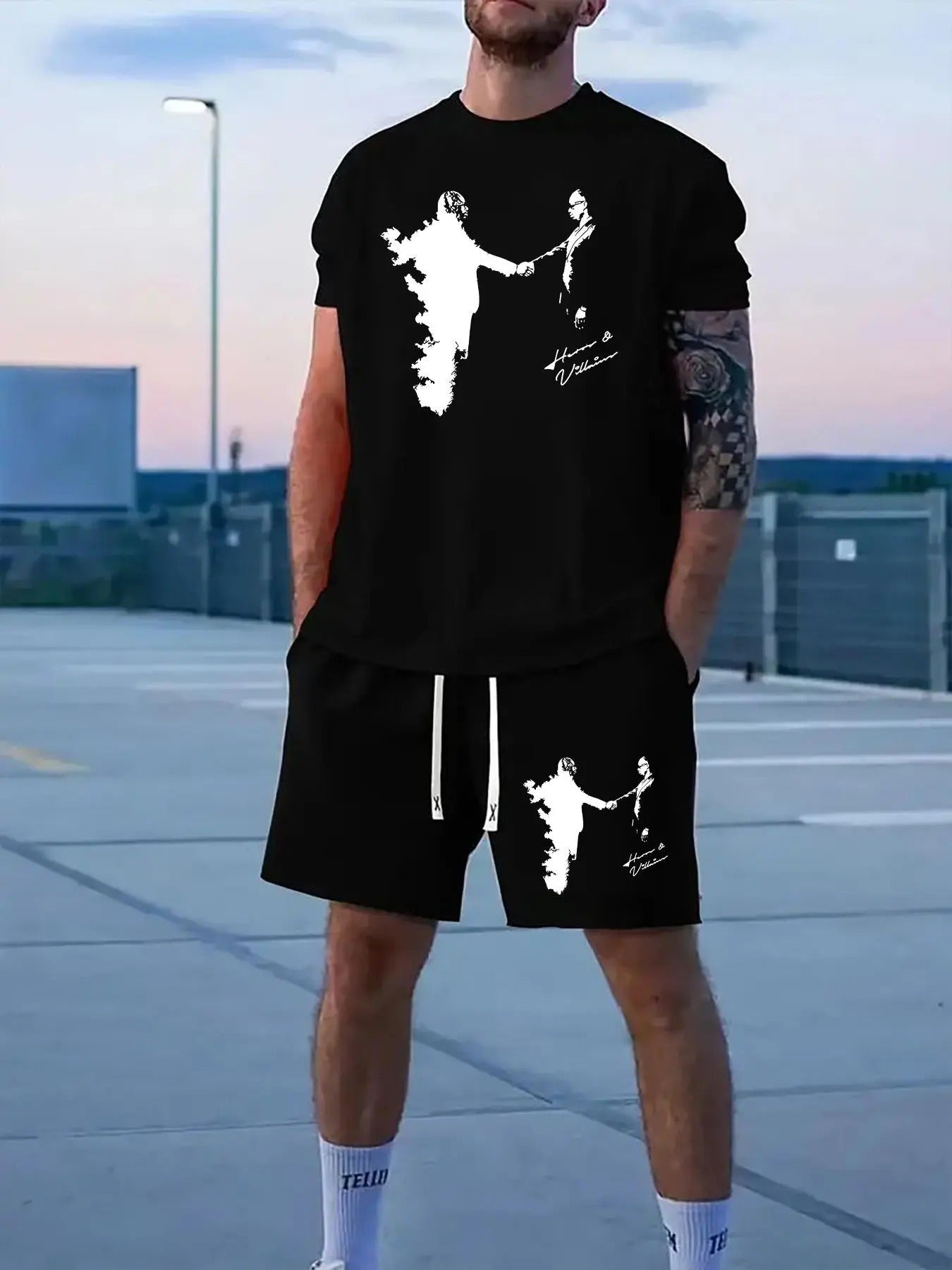 Men'WB shield Letter Print Short Sleeve Graphic Tee & Shorts Set, Regular Fit Casual Round Neck T-shirt & Track Shorts,...