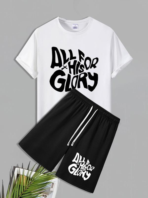 Men'WB shield Letter Print Short Sleeve Tee & Boxer Briefs Set, Casual Round Neck T-shirt & Shorts, Straw hat pirates...