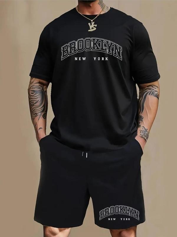 Men'WB shield Letter Print Short Sleeve Tee & Chinos Shorts Set, Regular Fit Round Neck T-shirt & Graphic Print Shorts,...