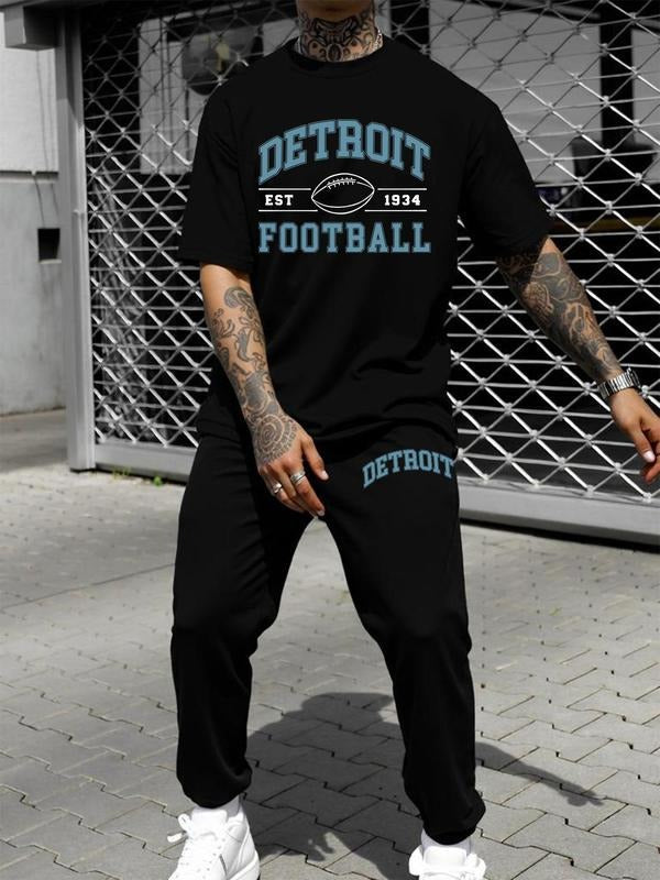 Men'WB shield Letter Print Short Sleeve Tee & Pants Set, Regular Fit Casual Round Neck T-shirt & Trousers, Men'WB shield...