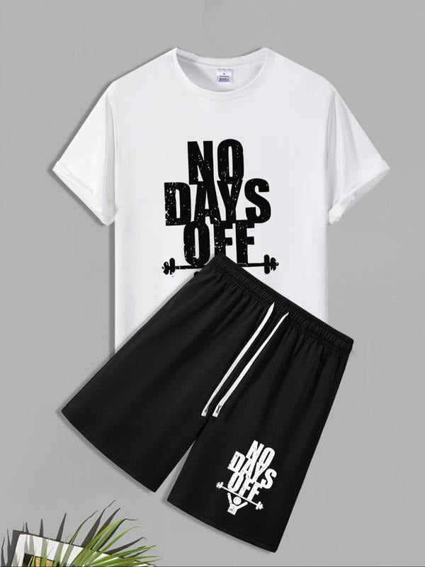 Men'WB shield Letter Print Short Sleeve Tee & Shorts Set, Regular Fit Round Neck T-shirt & Drawstring Waist Shorts,...