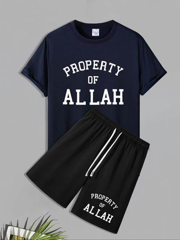 Men'WB shield Letter Print Short Sleeve Tee & Shorts Set, Regular Fit Round Neck T-shirt & Shorts, Casual Top & Bottoms...