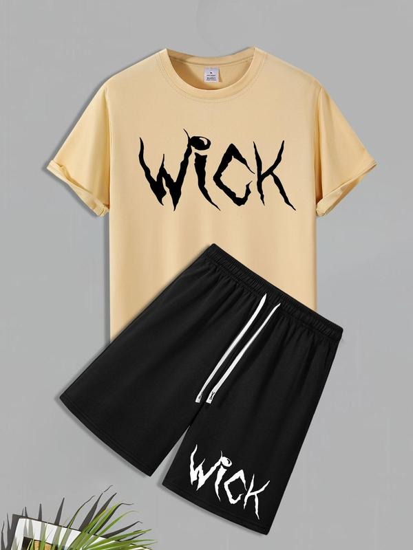 Men'WB shield Letter Print Short Sleeve Tee & Shorts Set, Regular Fit Round Neck T-shirt & Track Shorts, Casual Fashion...