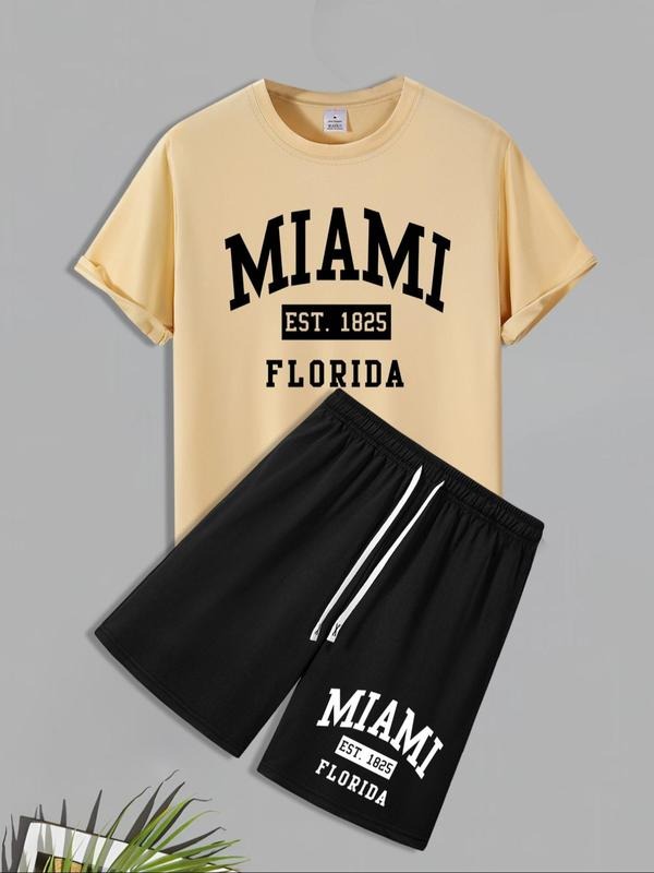 Men'WB shield Letter Print Short Sleeve Tee & Shorts Set, Regular Fit Round Neck T-shirt & Track Shorts, Casual Summer...