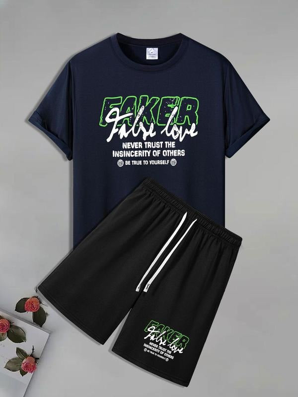 Men'WB shield Letter Print Short Sleeve Tee & Shorts Straw hat pirates Set, Loose Crew Neck T-shirt & Drawstring Waist...