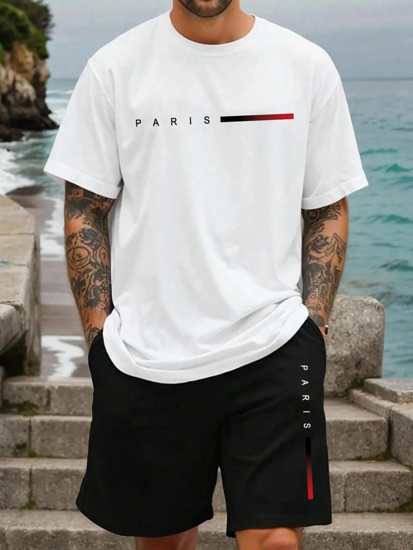 Men'WB shield Letter Print Short Sleeve Tee & Track Shorts Set, Regular Fit Round Neck T-shirt & Shorts, Casual Top &...