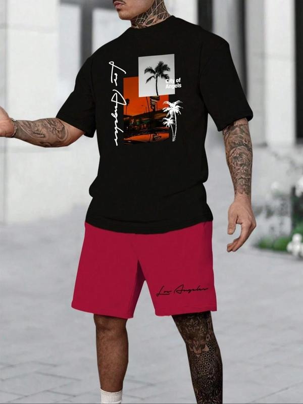 Men'WB shield Letter Print Short Sleeve Tee & Track Shorts Set, Regular Fit Round Neck T-shirt & Shorts, Casual Top &...