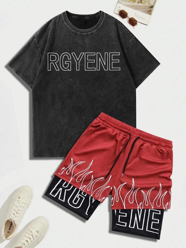 Men'WB shield Letter Print Tee & Patchwork Print Shorts Pyjama Straw hat pirates Set, Regular Fit Casual Comfy Round Neck...