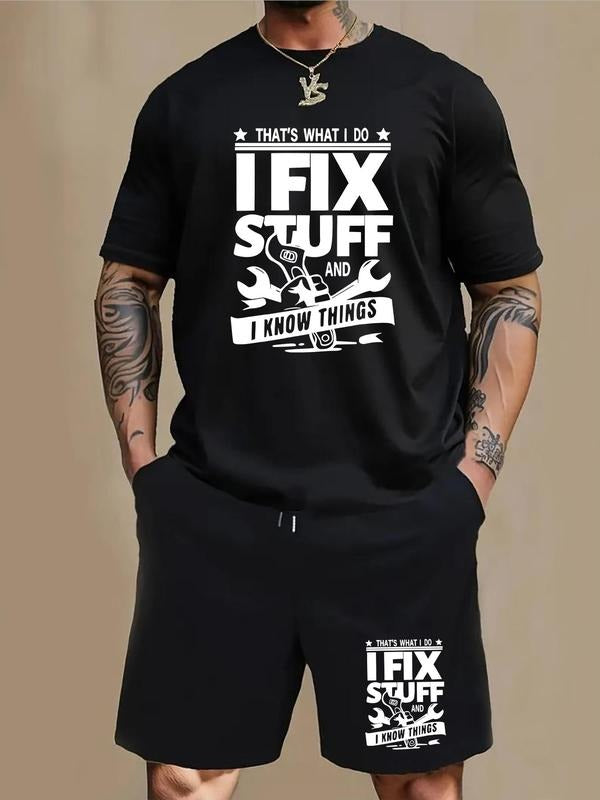 Men'WB shield Letter Print Tee & Shorts Set, Regular Fit Round Neck Short Sleeve T-shirt & Drawstring Waist Shorts,...