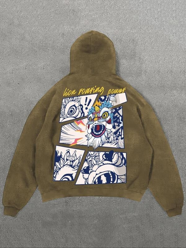 Men'WB shield Lion & Chinese Character Print Hoodie, Regular Fit Casual Graphic Hooded Sweatshirt for Spring & Fall,...
