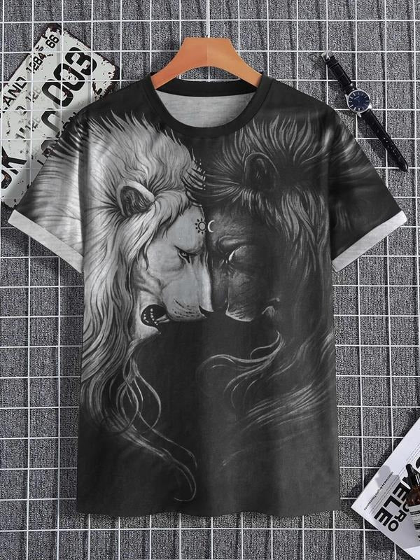 Men'WB shield Lion Print Round Neck Graphic Tee, Summer TNF, Loose Crew Neck Short Sleeve T-shirt for Men, Casual Comfy...