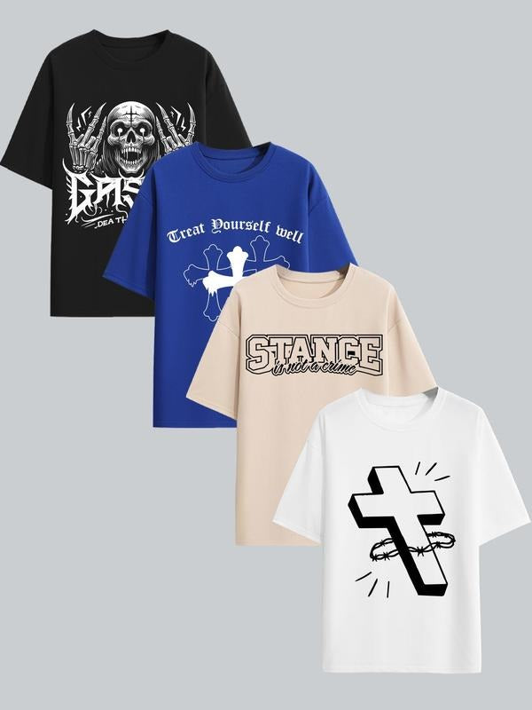 Men'WB shield Loose Cross & Letter Print Drop Shoulder Graphic Tee, Casual Short Sleeve Round Neck T-shirt for Summer,...