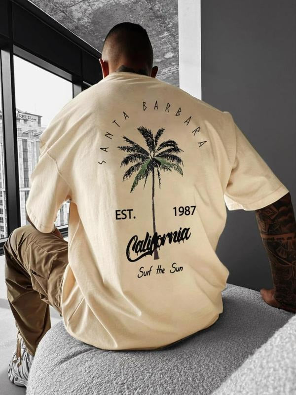 Men'WB shield Loose Palm Tree & Letter Print Drop Shoulder Tee, Casual Comfy Round Neck Half Sleeve T-shirt for Daily...