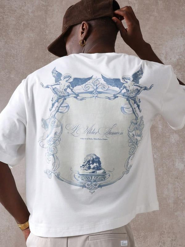 Men'WB shield Loose Short Sleeve T-Shirt with Angel Letter Print, Casual Trendy Daily Wear, Summer Outdoor Sports Fashion...