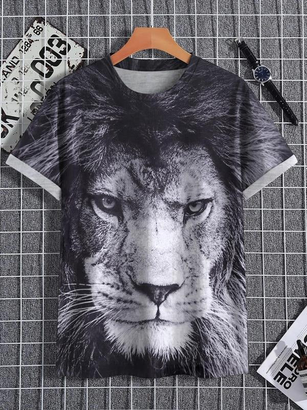 Men'WB shield Loose Trendy Animal Print Round Neck Tee, Summer TNF, Lion Printed Short Sleeve Crew Neck T-Shirt for...