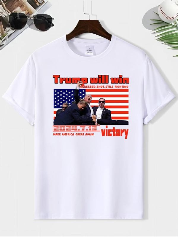 Men'WB shield Make America Great Again Letter Print Round Neck Tee, Regular Fit Casual Short Sleeve Crew Neck T-shirt for...