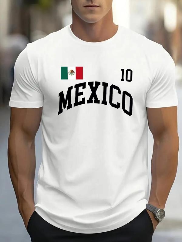 Men'WB shield Mexico Flag Print Round Neck Tee, Regular Fit Casual Short Sleeve Crew Neck T-Shirt for Daily Wear, Men'WB...