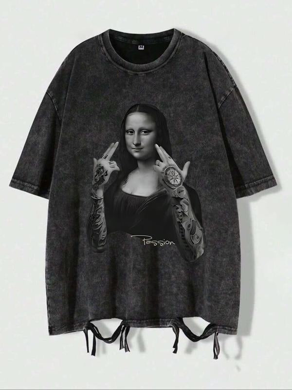 Men'WB shield Mona Lisa & Finger Gesture Print Short Sleeve Graphic Tee, Regular Fit Casual Fashion T-shirt for Daily...