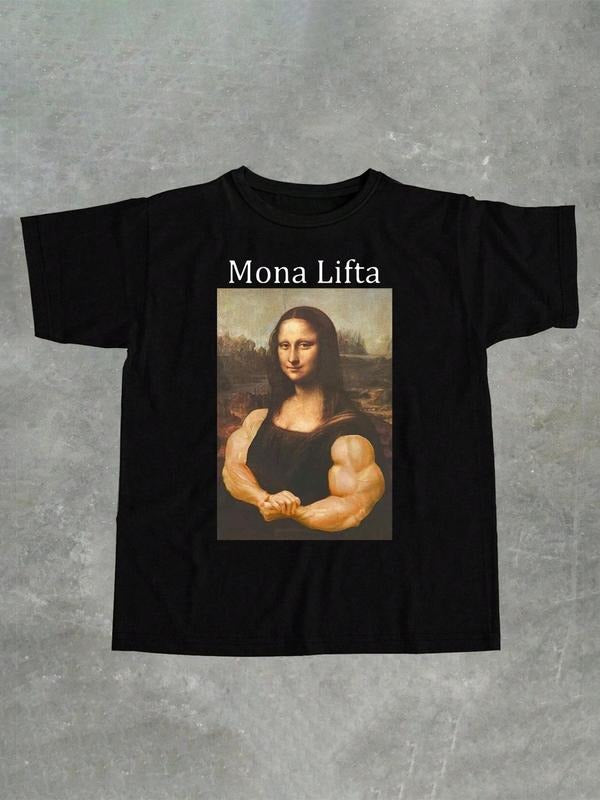 Men'WB shield Mona Lisa Print Round Neck Tee, Regular Fit Casual Short Sleeve Crew Neck T-Shirt for Daily Wear, Men'WB...