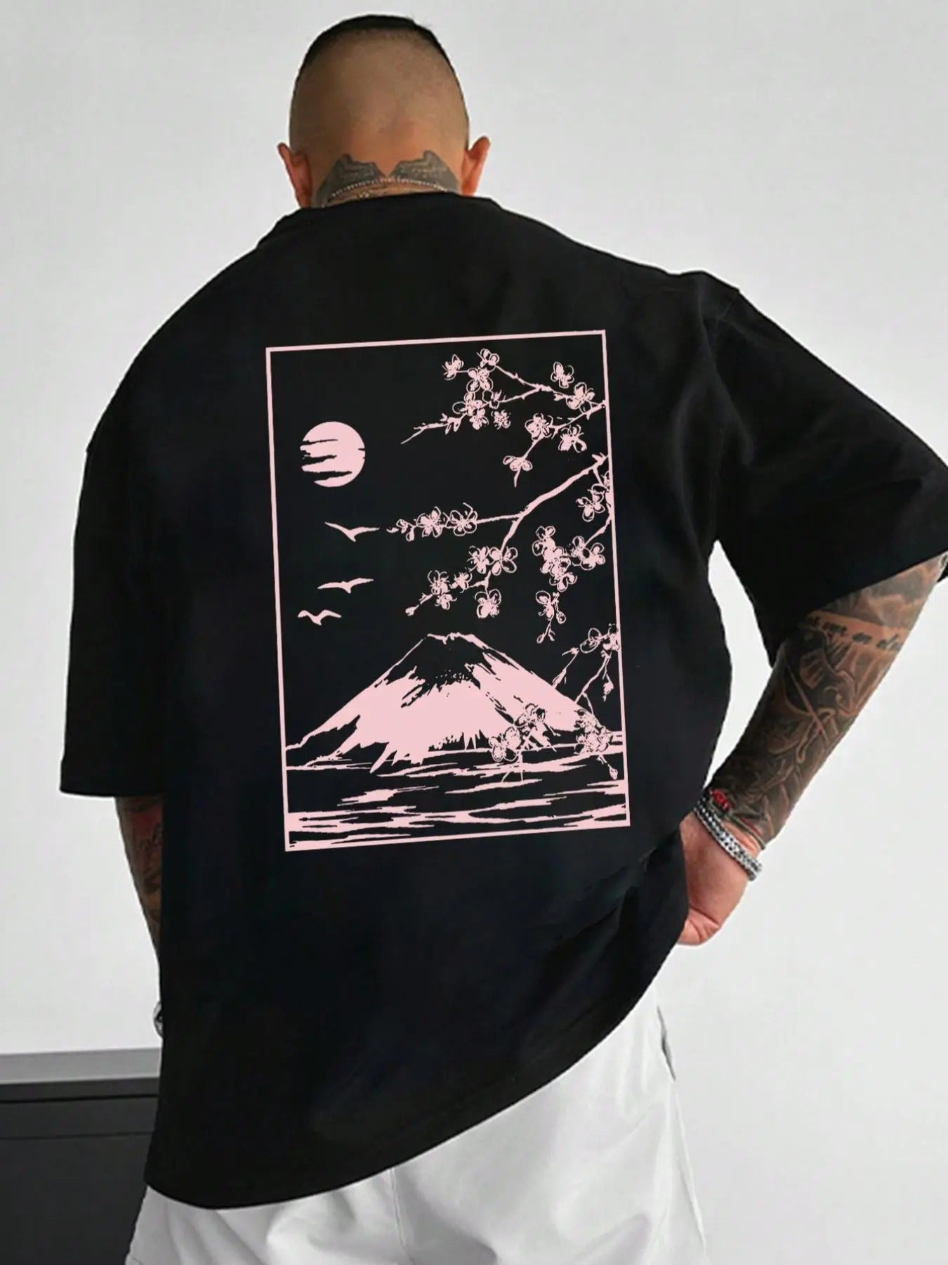 Men'WB shield Mountain & Moon & Floral Print Round Neck Tee, Regular Fit Casual Short Sleeve Crew Neck T-Shirt for...
