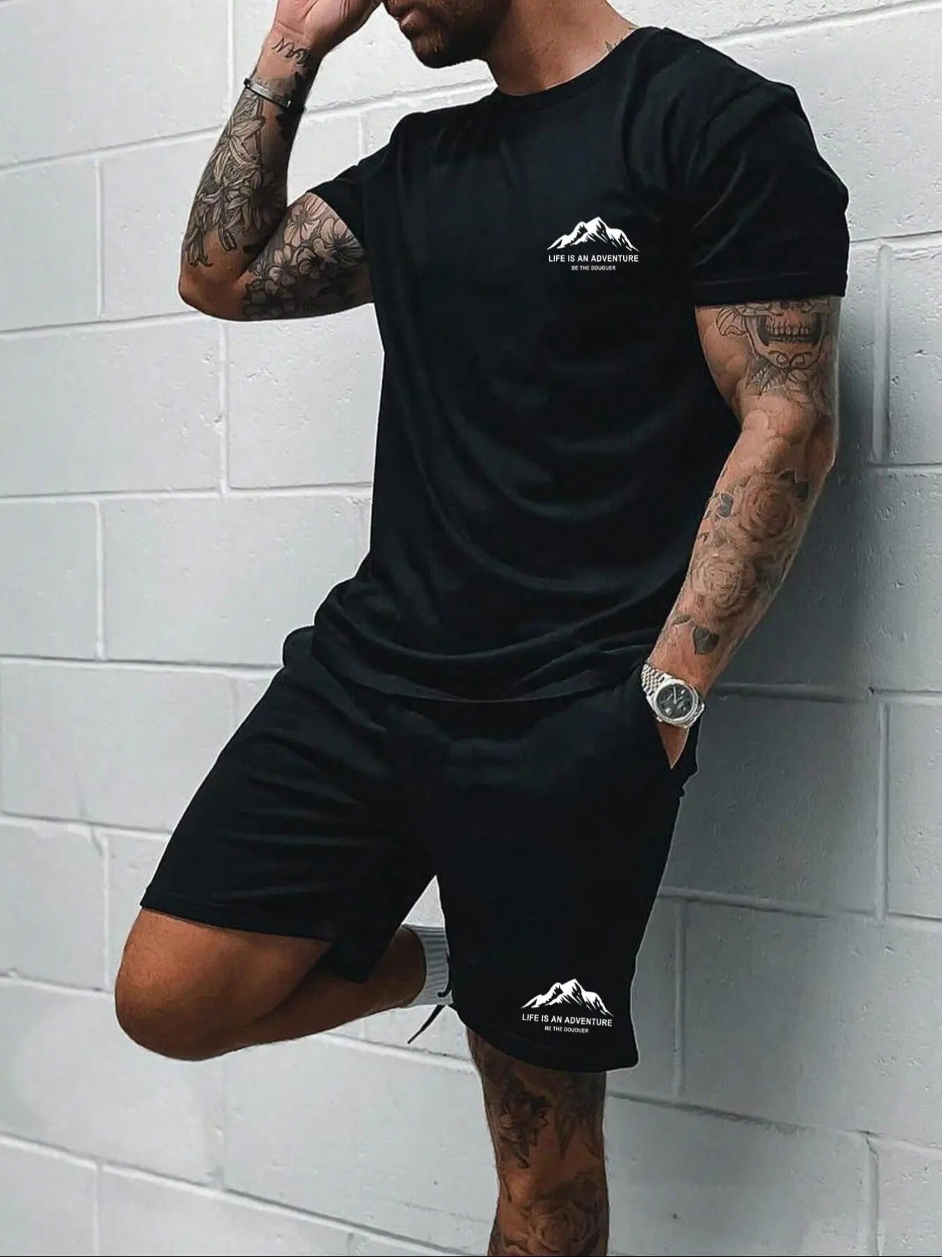 Men'WB shield Mountain Letter Print Tee & Drawstring Shorts Pyjamas Set, Casual FOG Comfort Graphic T-Shirt & Track...