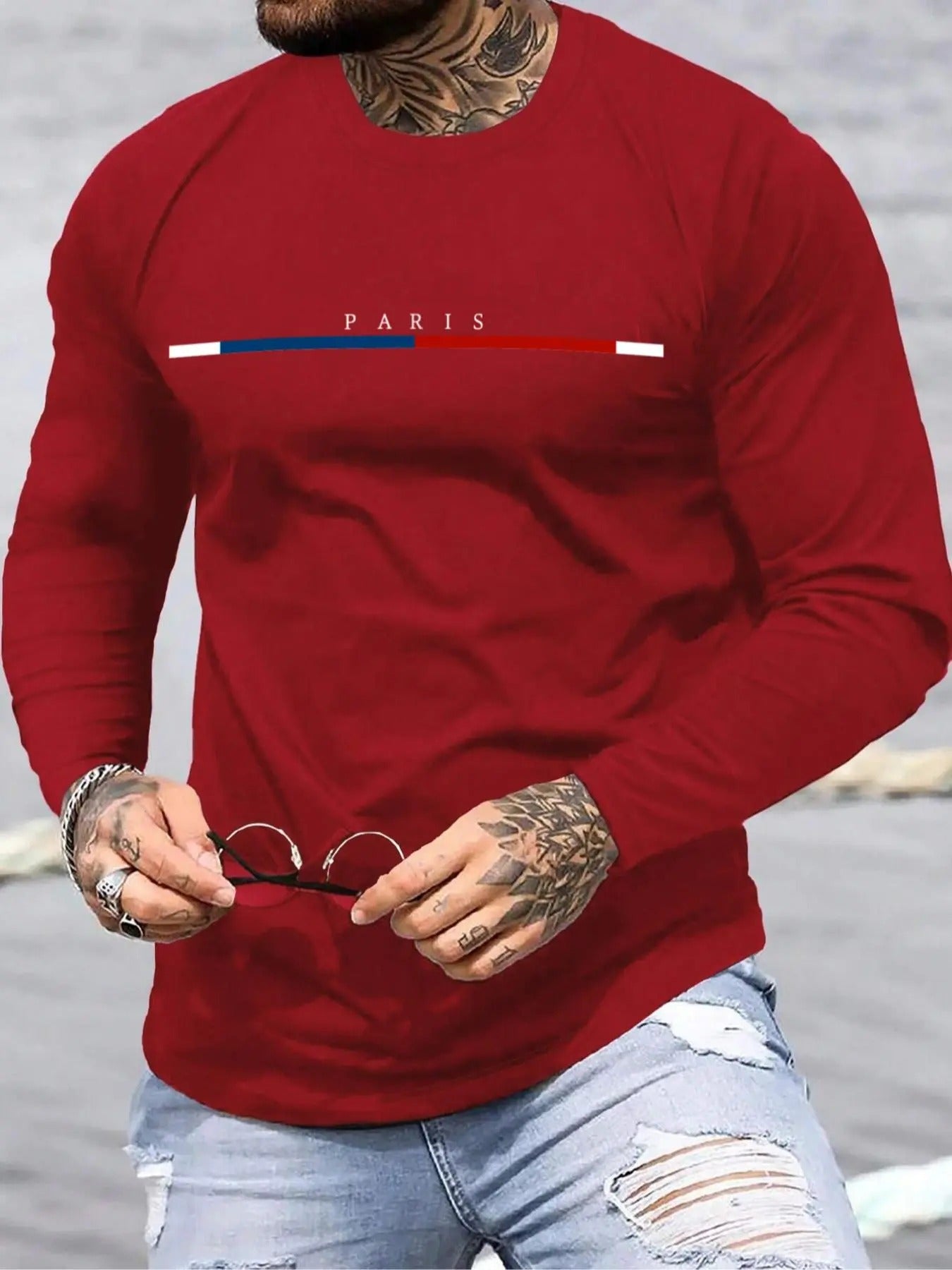 Men'WB shield PARIS Letter & Geometric Print Round Neck Long Sleeve Tee, Regular Fit Casual Comfy Crew Neck T-shirt for...