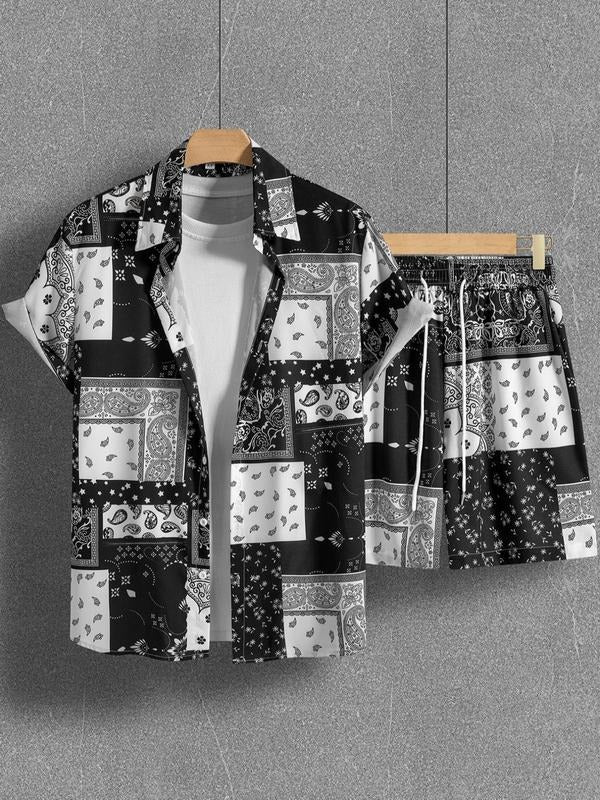 Men'WB shield Paisley Print Straw hat pirates Outfits, Regular Fit Boho Button Front Shirt & Drawstring Pocket Shorts,...