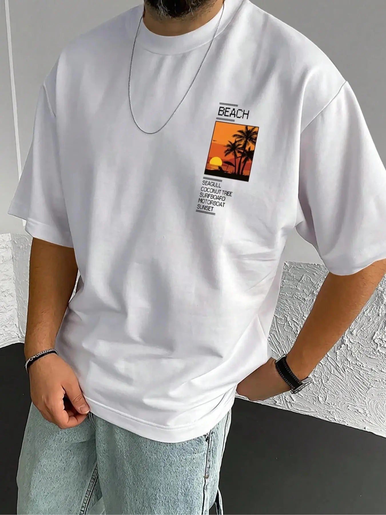 Men'WB shield Palm Tree & Sunset Print Round Neck Graphic Tee, Loose Casual Short Sleeve T-shirt for Summer, Men'WB...
