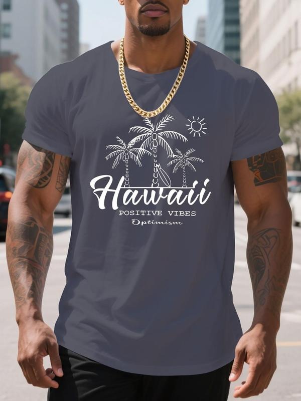 Men'WB shield Palm Tree Print Round Neck Tee, Regular Fit Casual Short Sleeve Crew Neck T-Shirt for Daily Wear, Men'WB...