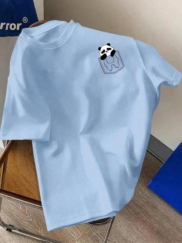Men'WB shield Panda & Pocket Print Round Neck Tee, Loose Casual Short Sleeve T-shirt for Summer, Men'WB shield Top for...
