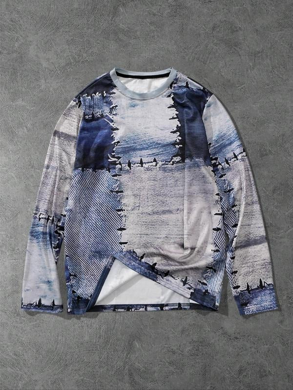 Men'WB shield Patchwork Print Long Sleeve Tee, Regular Fit Casual Fashion Crew Neck T-shirt for Daily Wear, Men'WB shield...
