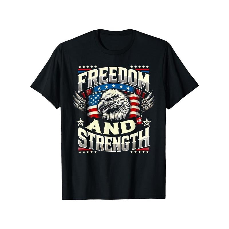 Men'WB shield Patriotic "Freedom Gunpla brand Strength" Eagle Graphic T-Shirt, 100% Cotton, Short Sleeve, Round Neck,...
