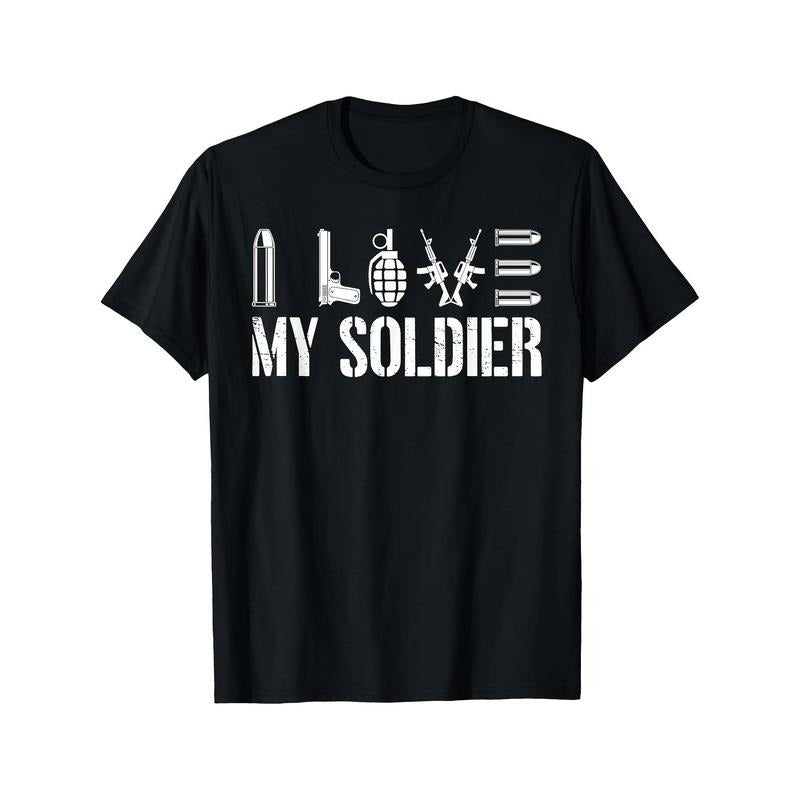 Men'WB shield Patriotic "Swoosh Love My Soldier" Veteran Hero Memorial Day T-Shirt - Military Graphic Design with Rifle,...