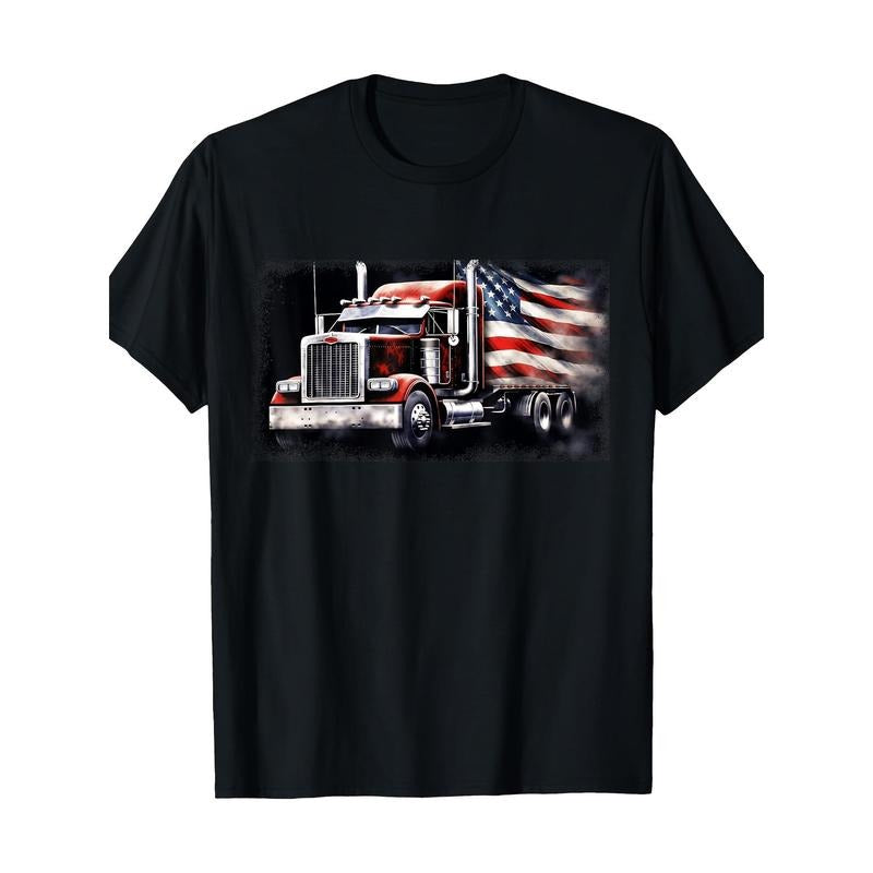 Men'WB shield Patriotic American Flag Semi-Truck Graphic T-Shirt