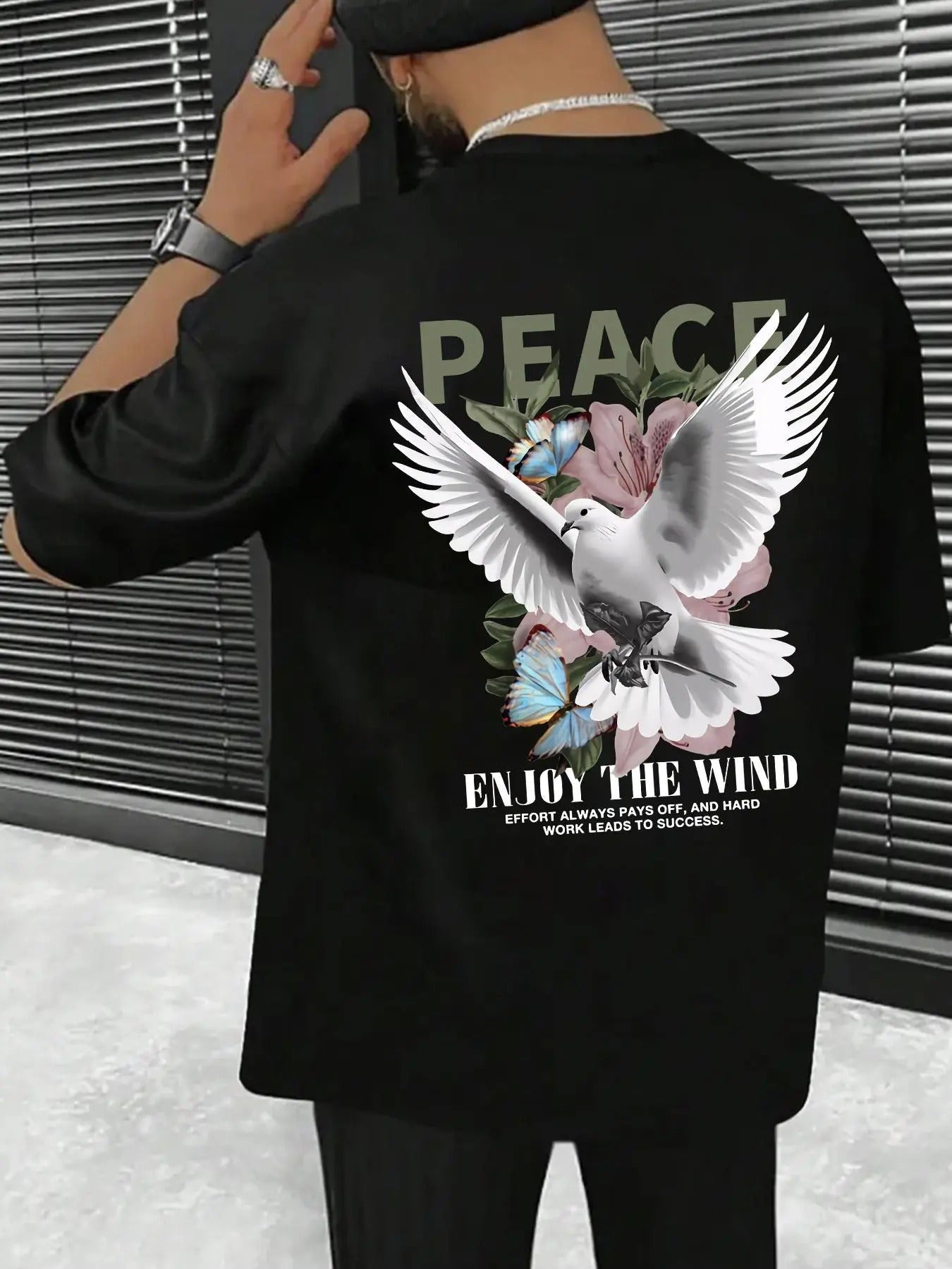 Men'WB shield Pigeon & Floral Print Drop Shoulder Tee, Regular Fit Street Letter Graphic Round Neck T-Shirt, Menswear for...