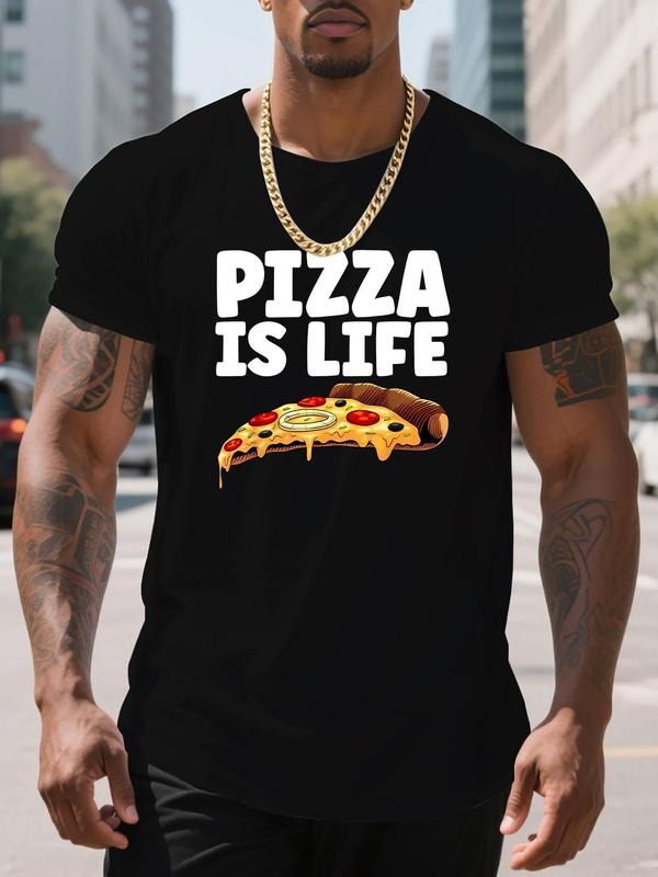 Men'WB shield Pizza Print Round Neck Tee, Regular Fit Casual Short Sleeve T-shirt, Men'WB shield Summer Top for Daily...