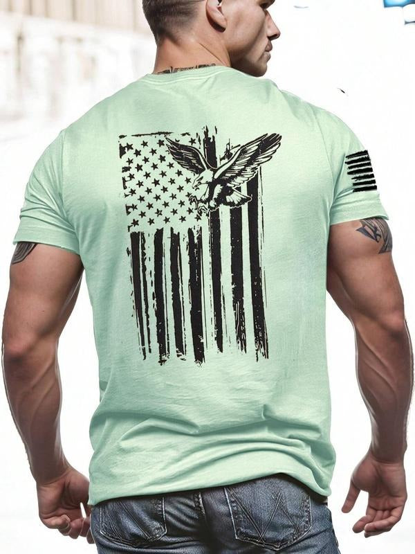 Men'WB shield Plain & Eagle & Striped Print Round Neck Tee, Regular Fit Casual Short Sleeve Crew Neck T-Shirt for Summer,...