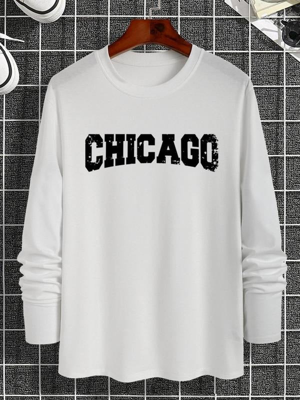 Men'WB shield Plain Letter Print Round Neck Long Sleeve Tee, Regular Fit Casual T-shirt For Spiky hair fighters Seasons,...