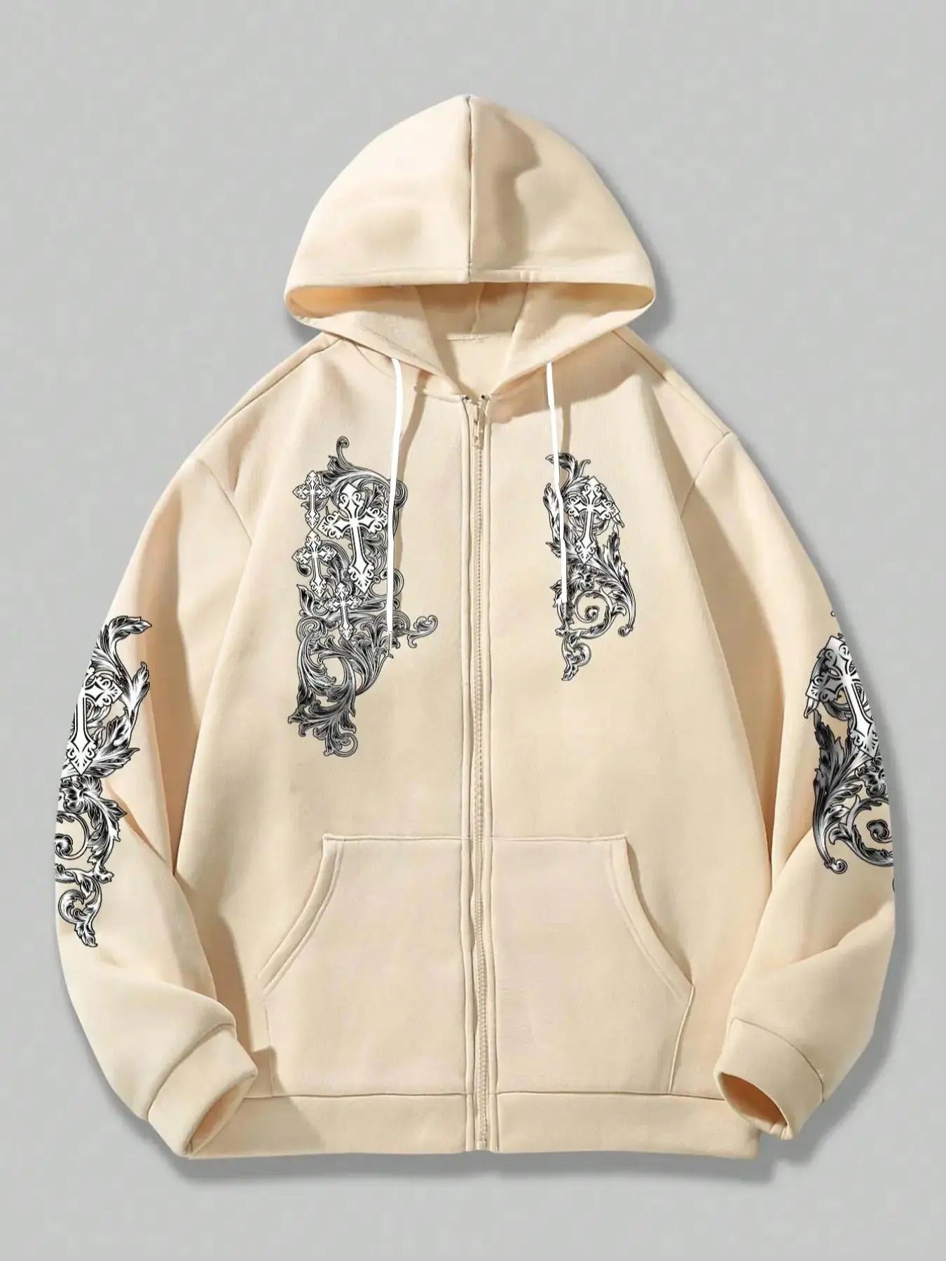 Men'WB shield Plants & Cross Print Zip Up Hoodie, Regular Fit Casual Drawstring Pocket Hooded Outerwear for Spring,...