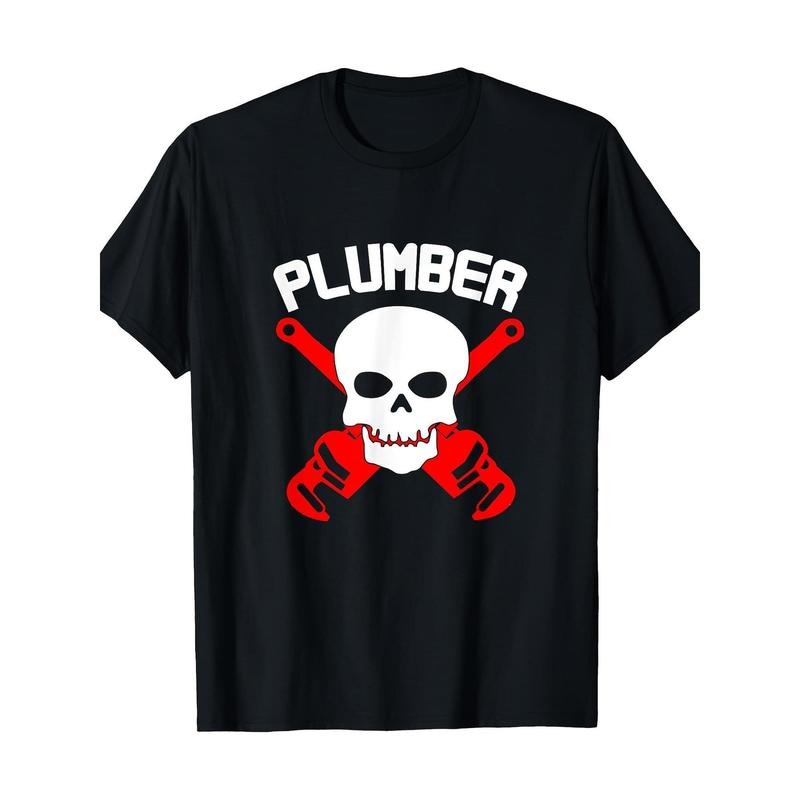 Men'WB shield Plumbers Skull Gunpla brand Pipe Wrench Pattern T-shirt-100% Cotton Casual Black T-shirt Red Gunpla brand...