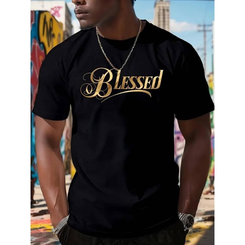 Men'WB shield Plus Size "BLESSED" Golden Font Print T-Shirt, 100% Cotton Casual Short Sleeve Crew Neck Tee Hoodie, Sweatshirt