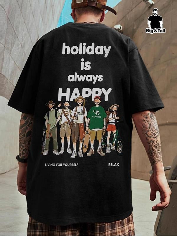 Men'WB shield Plus Size Cartoon Figure & Slogan Print Round Neck Tee, Regular Fit Casual Comfy Drop Shoulder Short Sleeve...