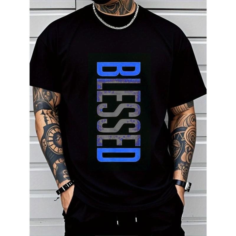 Men'WB shield Plus Size Casual Crew Neck T-Shirt - Geometric-Pattern, Smooth Cotton Knit Fabric, Medium Stretch